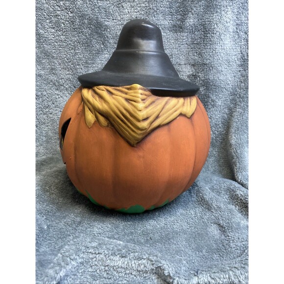 Halloween Vintage 1978 Pumpkin With Hat Ceramic, Hand Painted, Scarecrow Pumpkin - Picture 3 of 9
